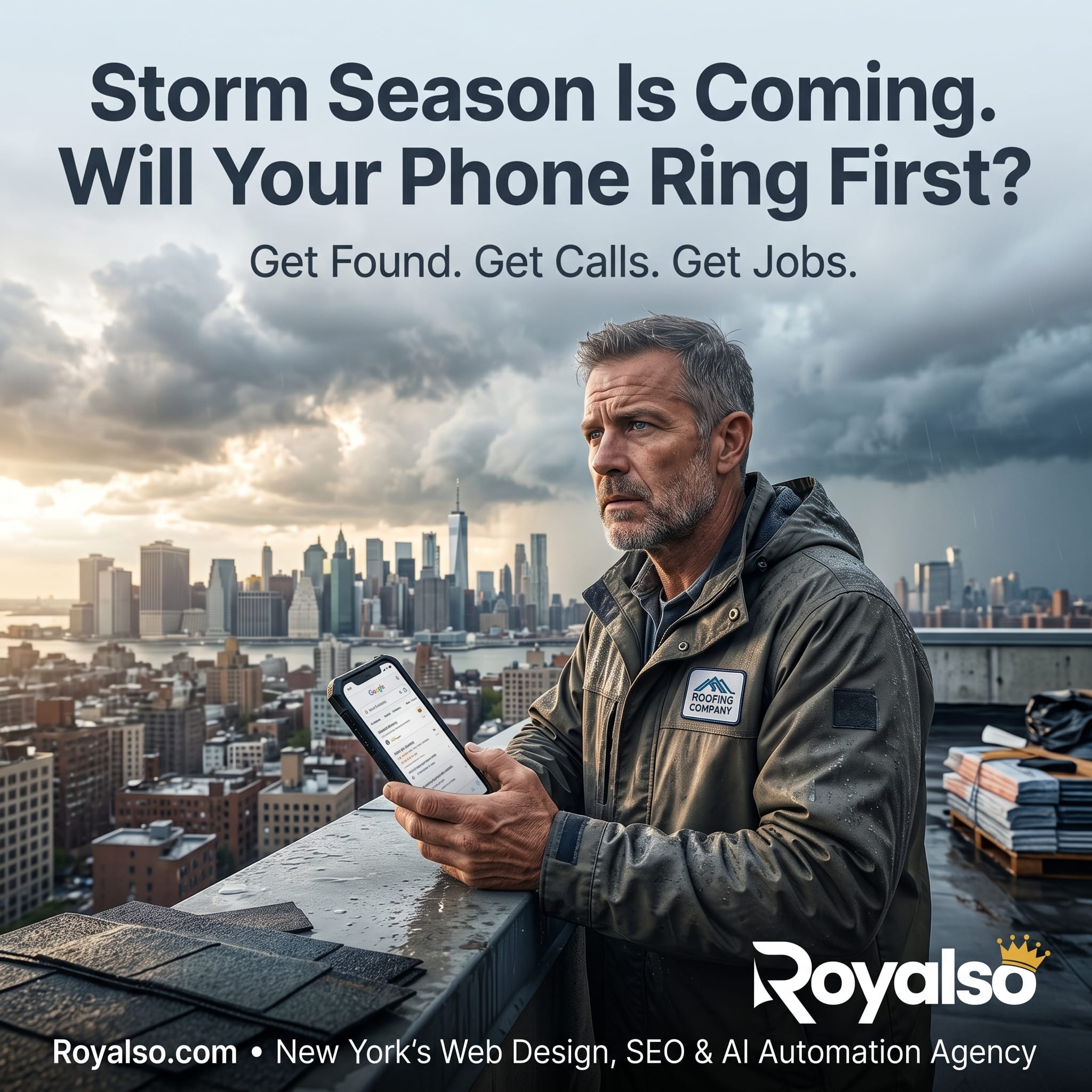 Roofing contractor reviewing leads on phone in New York City — roofing SEO and lead generation by Royalso